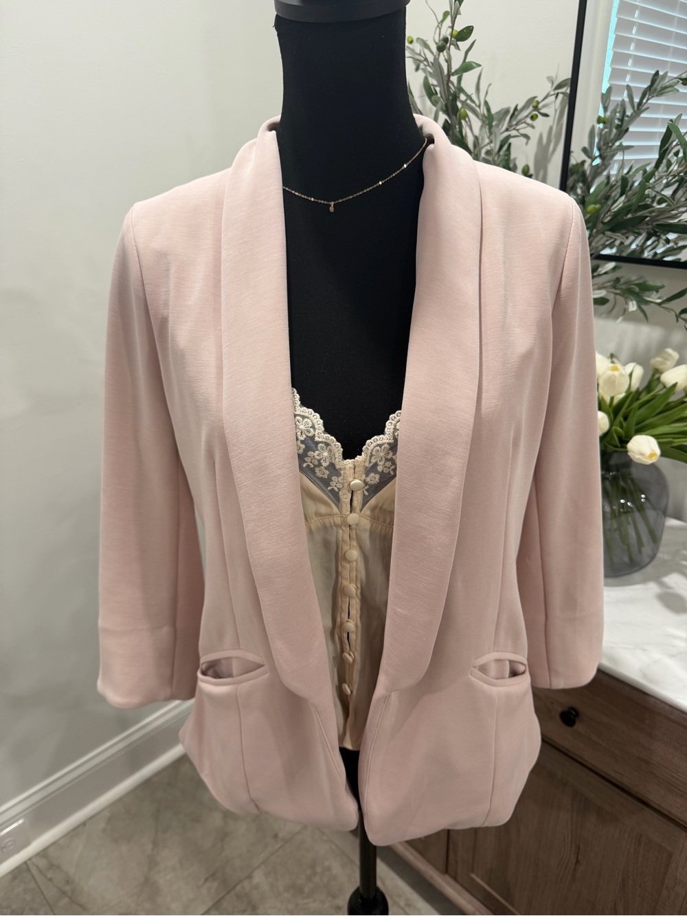 Skies Are Blue Hannah Modal Scuba Pale Pink Open Front Blazer